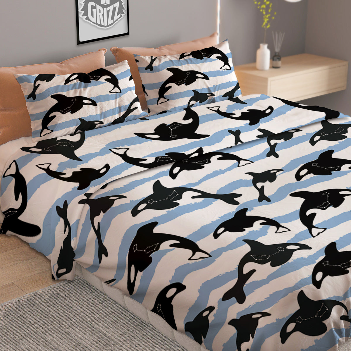 Striped Killer Whale Blue Print Pattern Duvet Cover Bedding Set