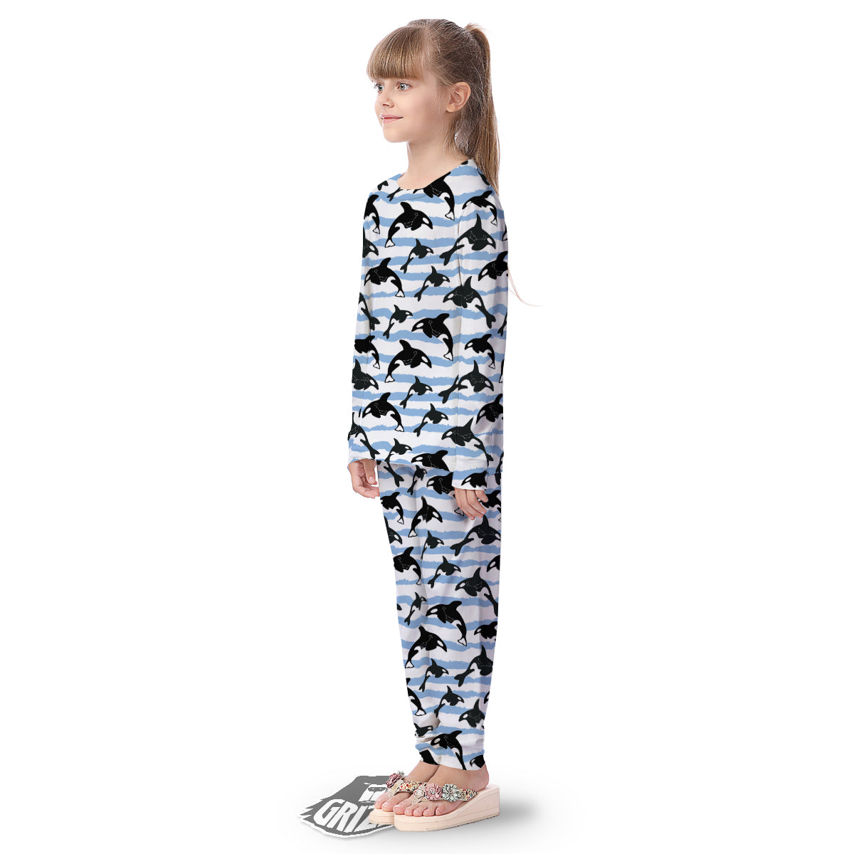 Striped Killer Whale Blue Print Pattern Kid's Pajamas-grizzshop