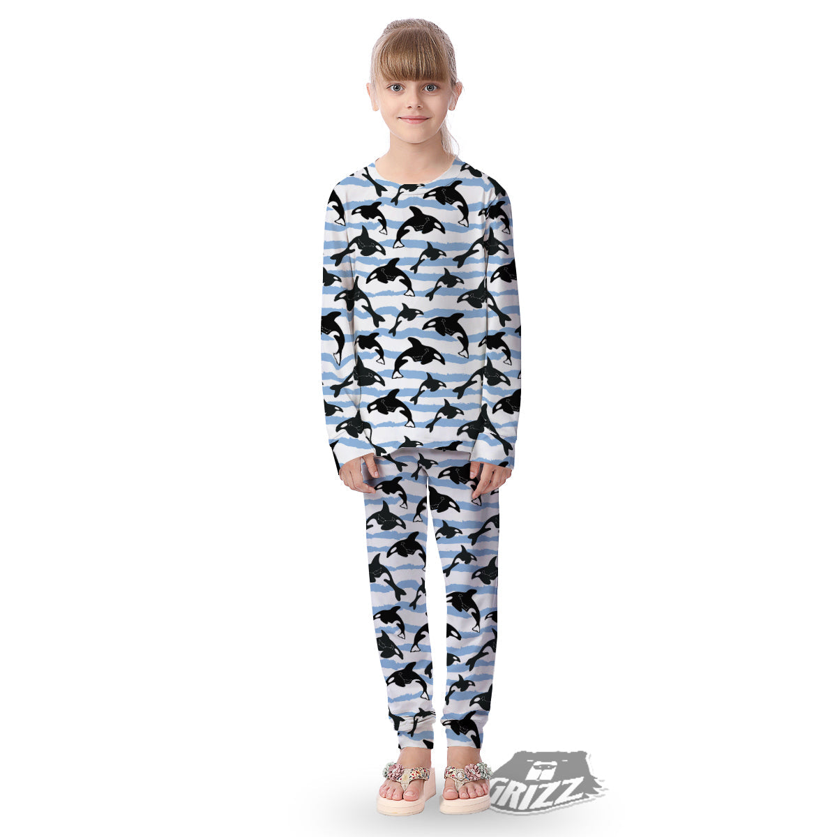 Striped Killer Whale Blue Print Pattern Kid's Pajamas-grizzshop