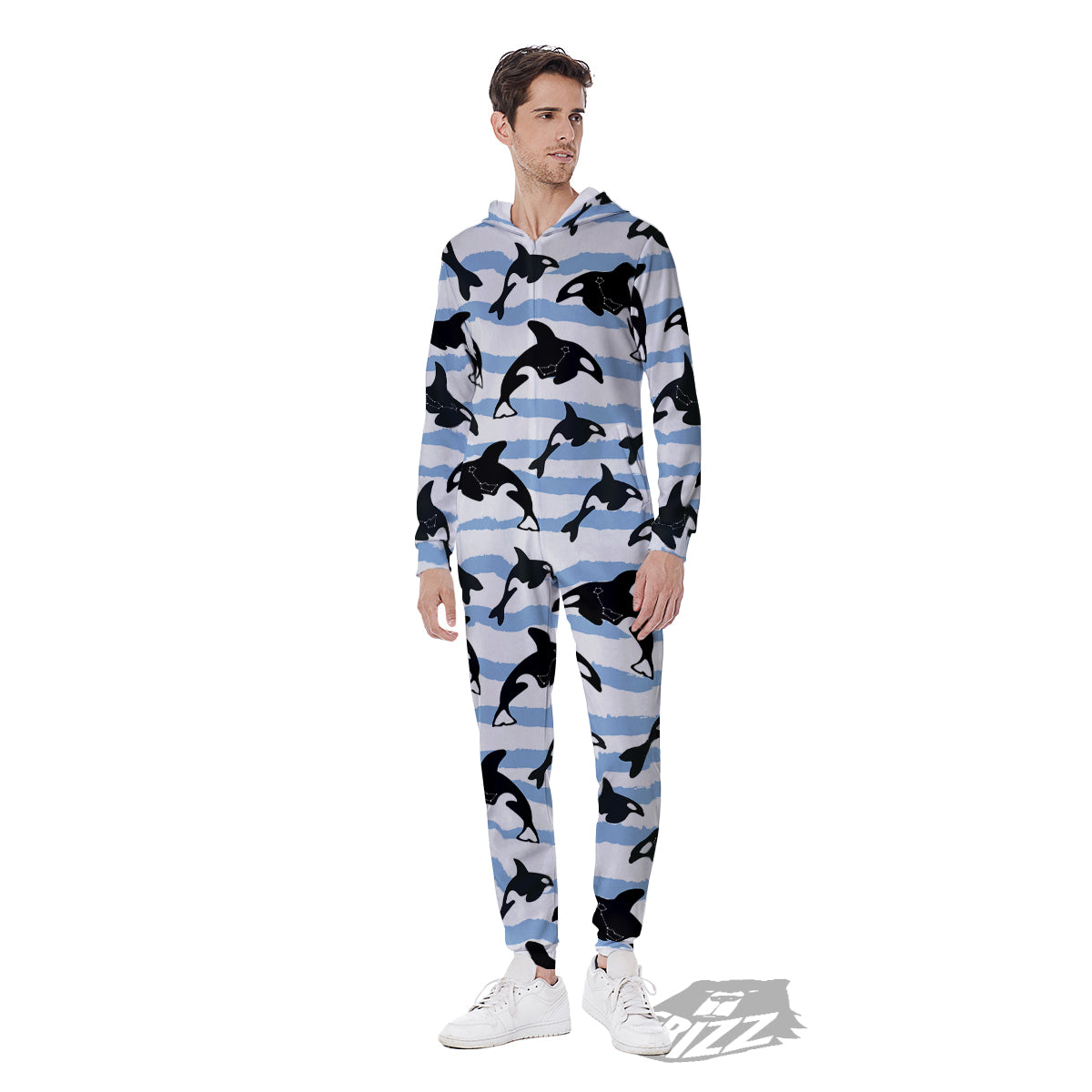 Striped Killer Whale Blue Print Pattern Men's Jumpsuit-grizzshop