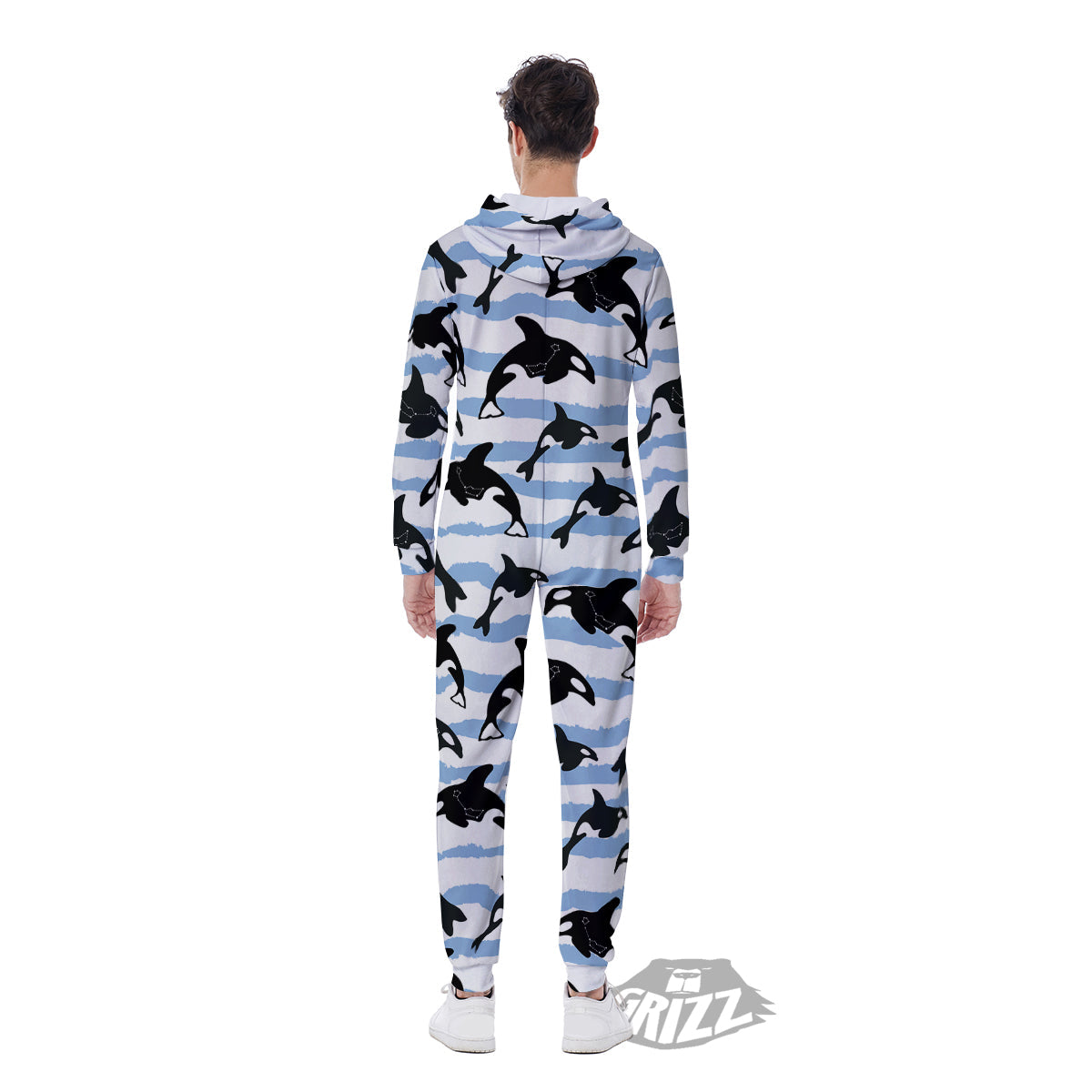 Striped Killer Whale Blue Print Pattern Men's Jumpsuit-grizzshop