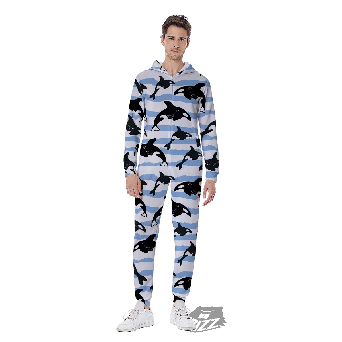 Striped Killer Whale Blue Print Pattern Men's Jumpsuit-grizzshop