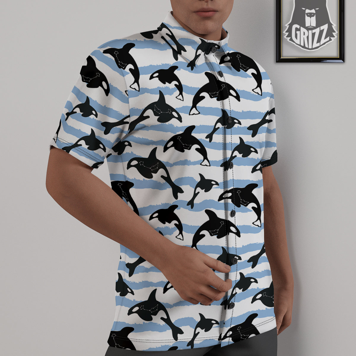 Striped Killer Whale Blue Print Pattern Untucked Shirts-grizzshop