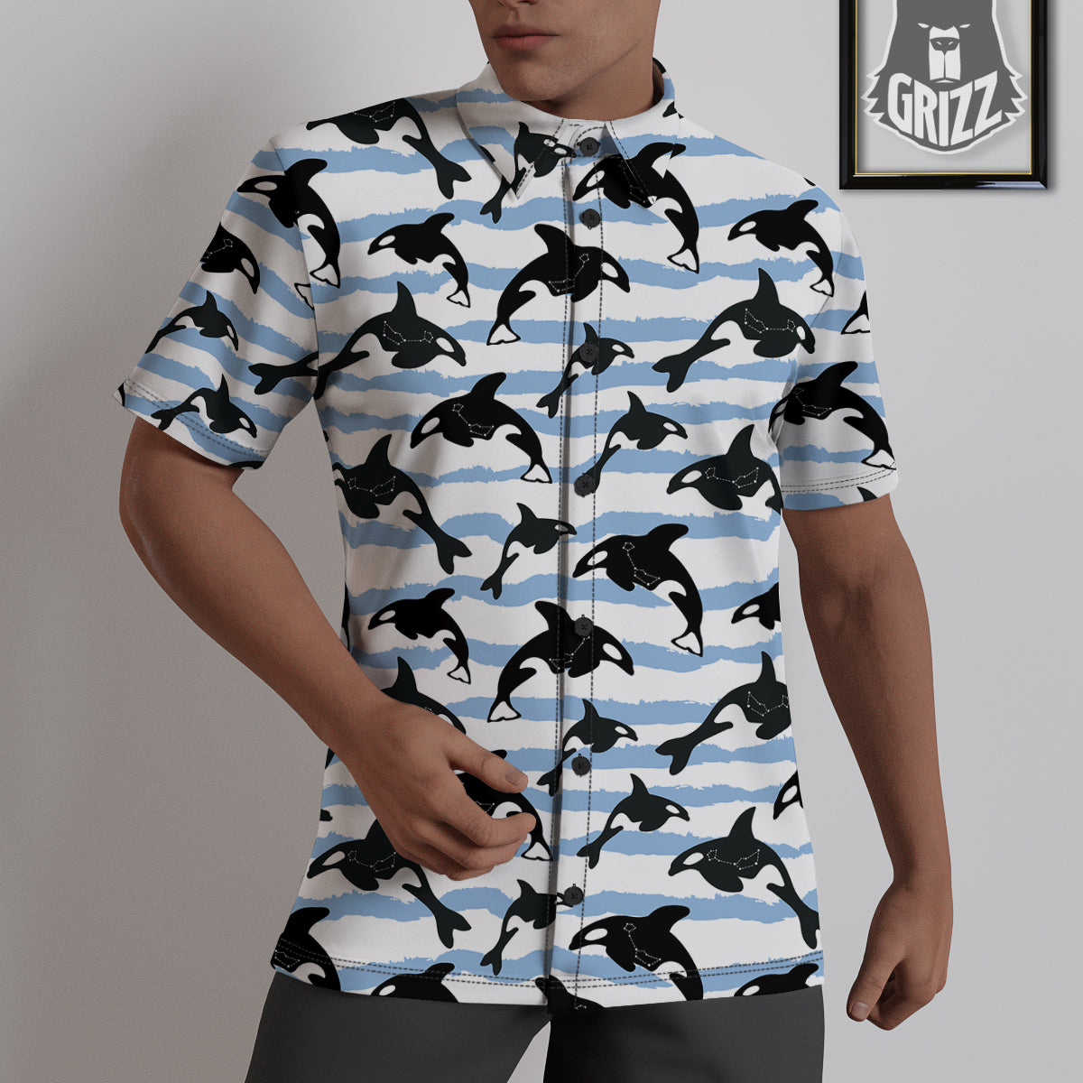Striped Killer Whale Blue Print Pattern Untucked Shirts-grizzshop