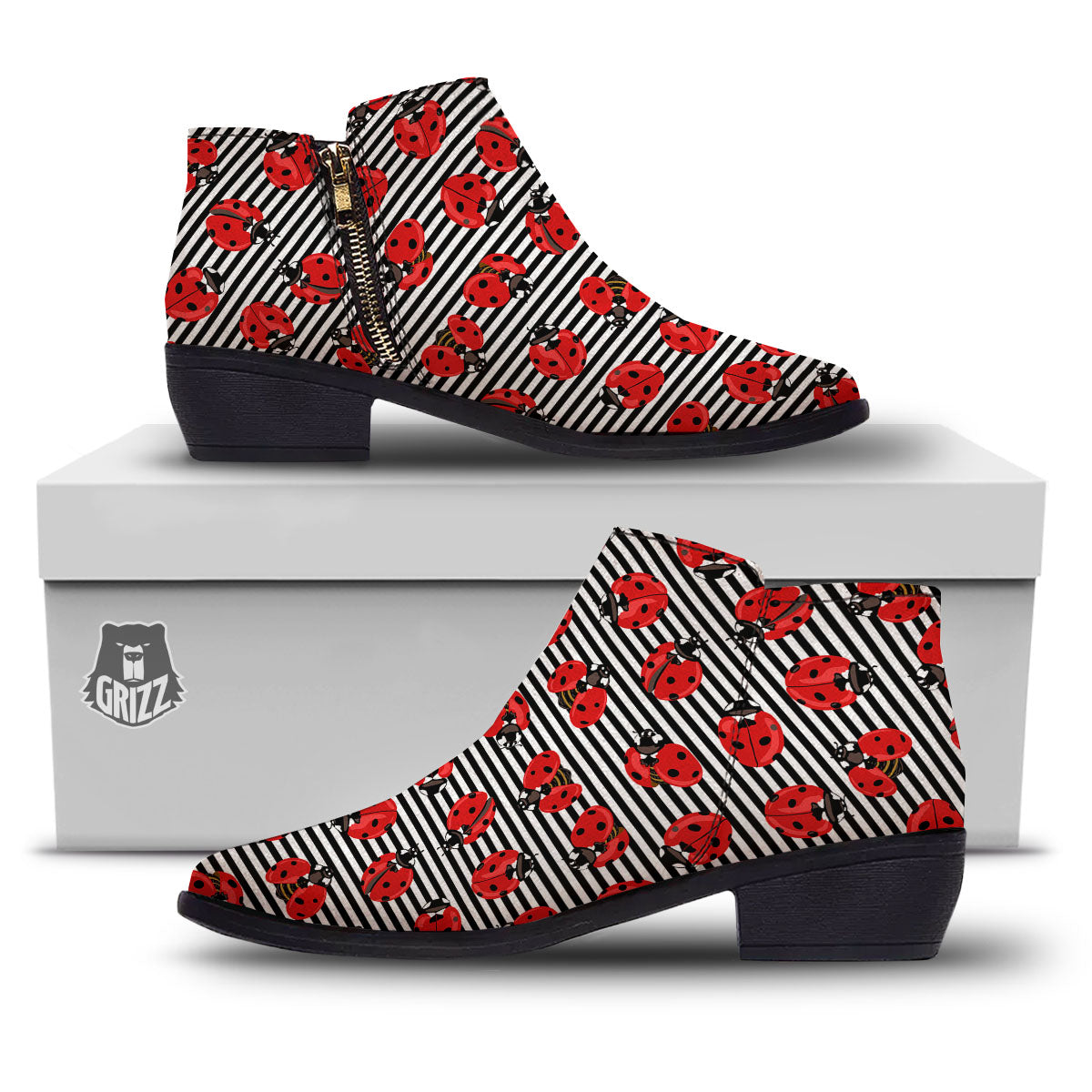 Striped Ladybug Print Pattern Ankle Boots-grizzshop
