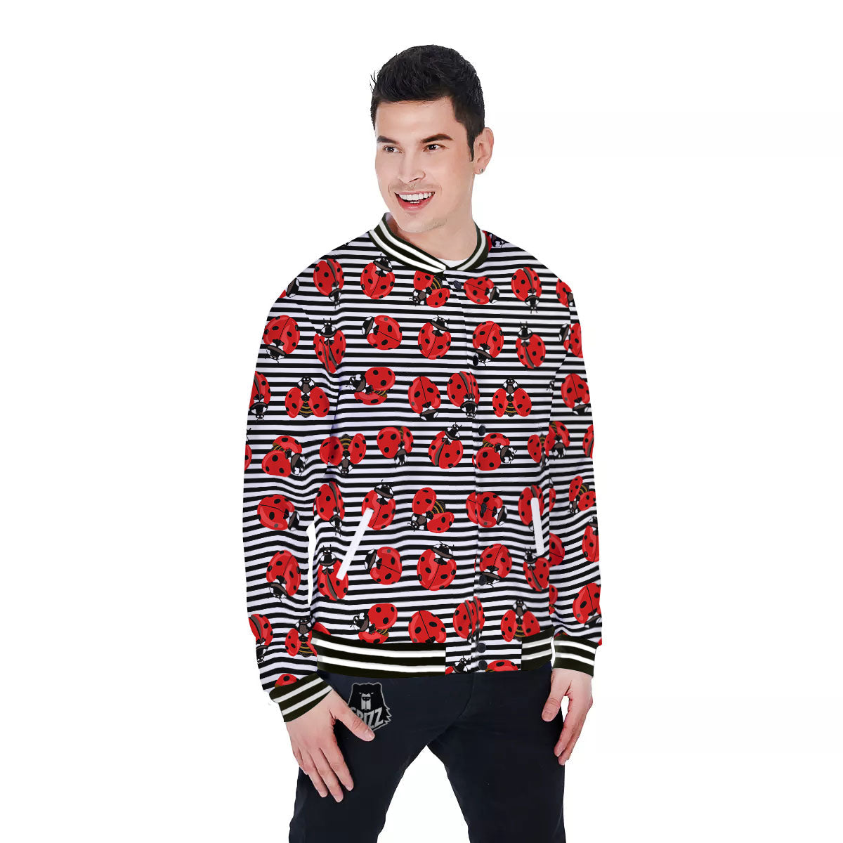 Striped Ladybug Print Pattern Baseball Jacket-grizzshop