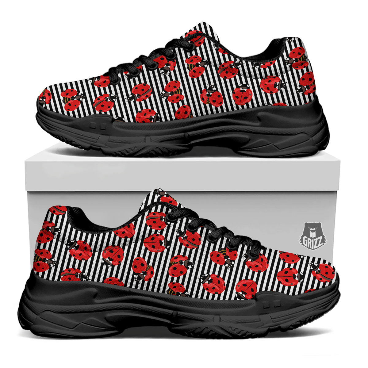 Striped Ladybug Print Pattern Black Chunky Shoes-grizzshop
