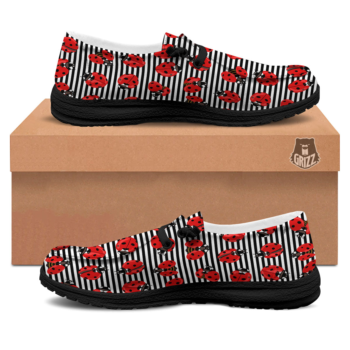 Striped Ladybug Print Pattern Black Loafers-grizzshop