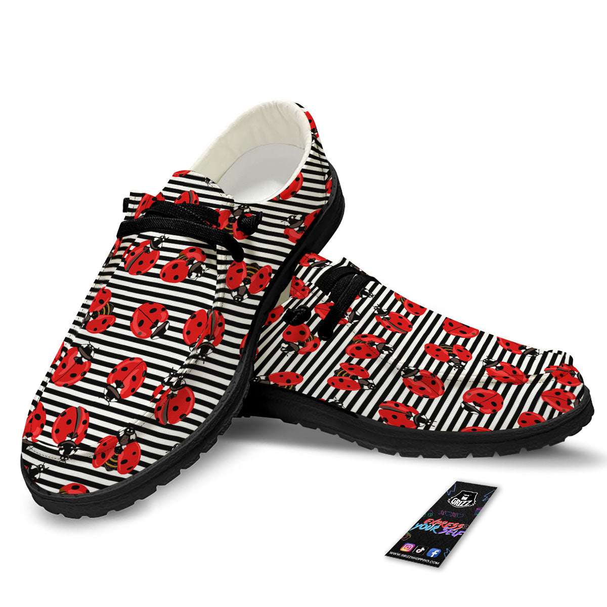 Striped Ladybug Print Pattern Black Loafers-grizzshop