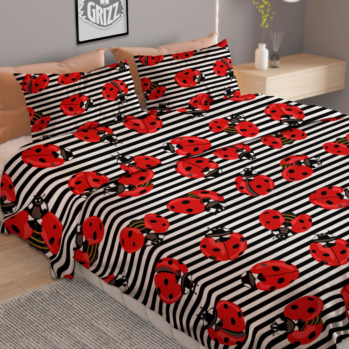 Striped Ladybug Print Pattern Duvet Cover Bedding Set