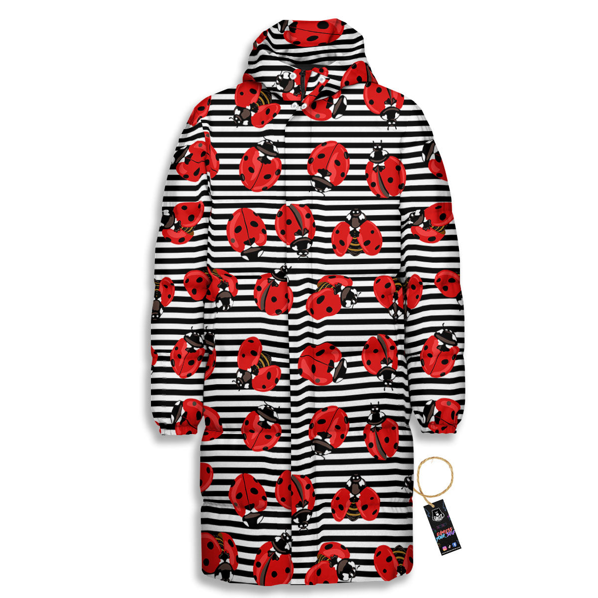 Striped Ladybug Print Pattern Long Down Jacket-grizzshop