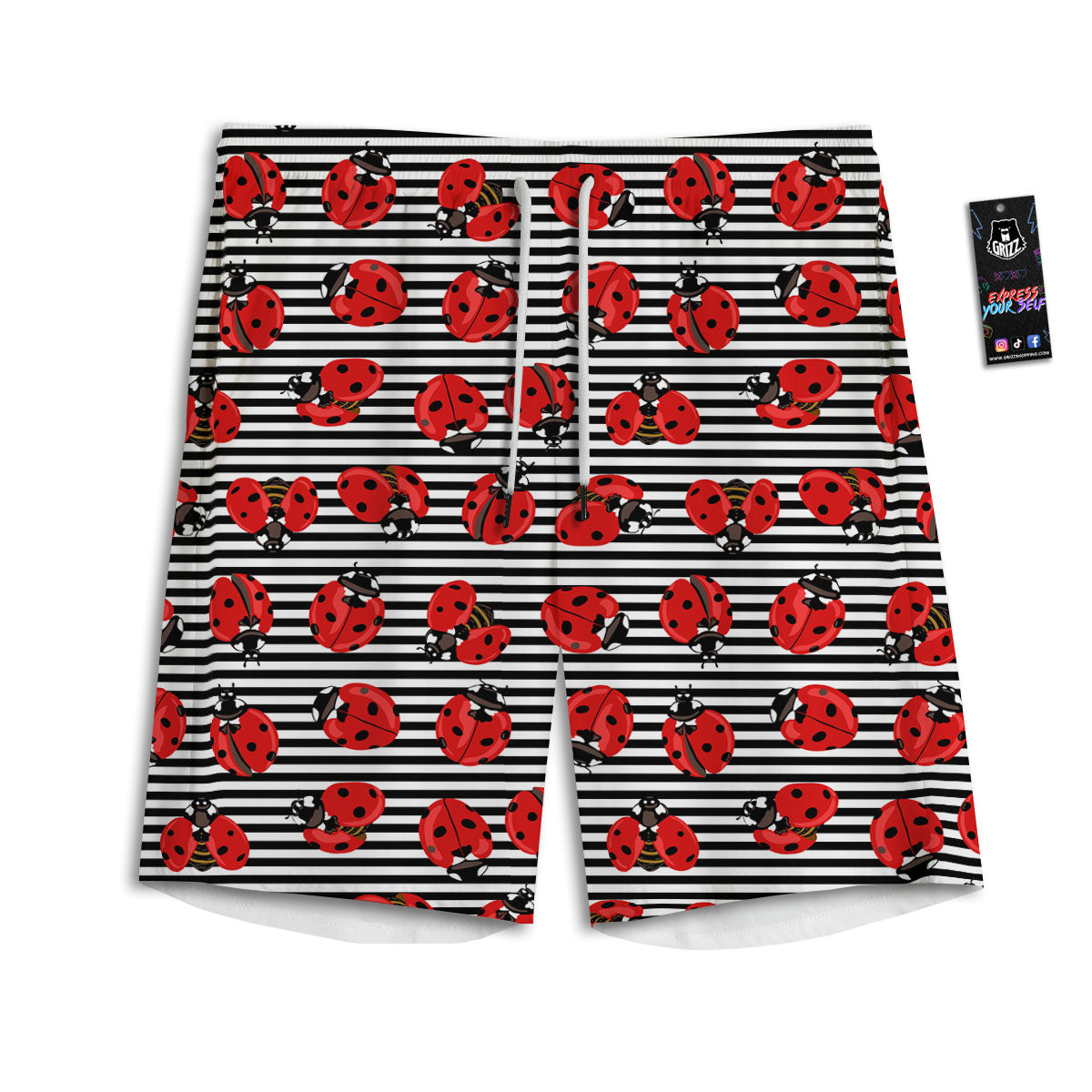 Striped Ladybug Print Pattern Men's Athletic Shorts