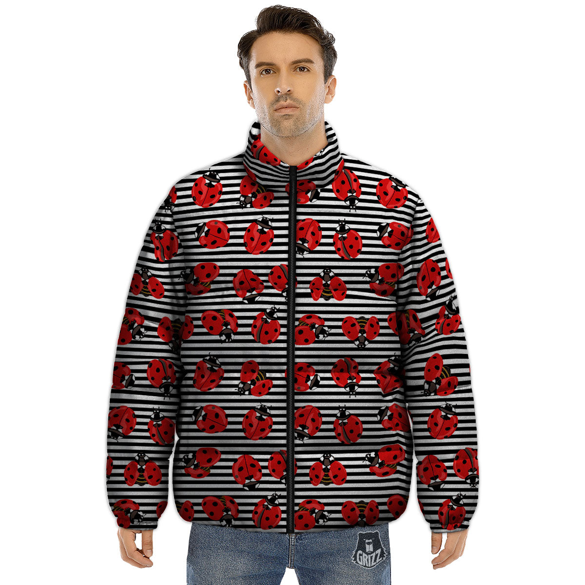 Striped Ladybug Print Pattern Puffer Jacket-grizzshop