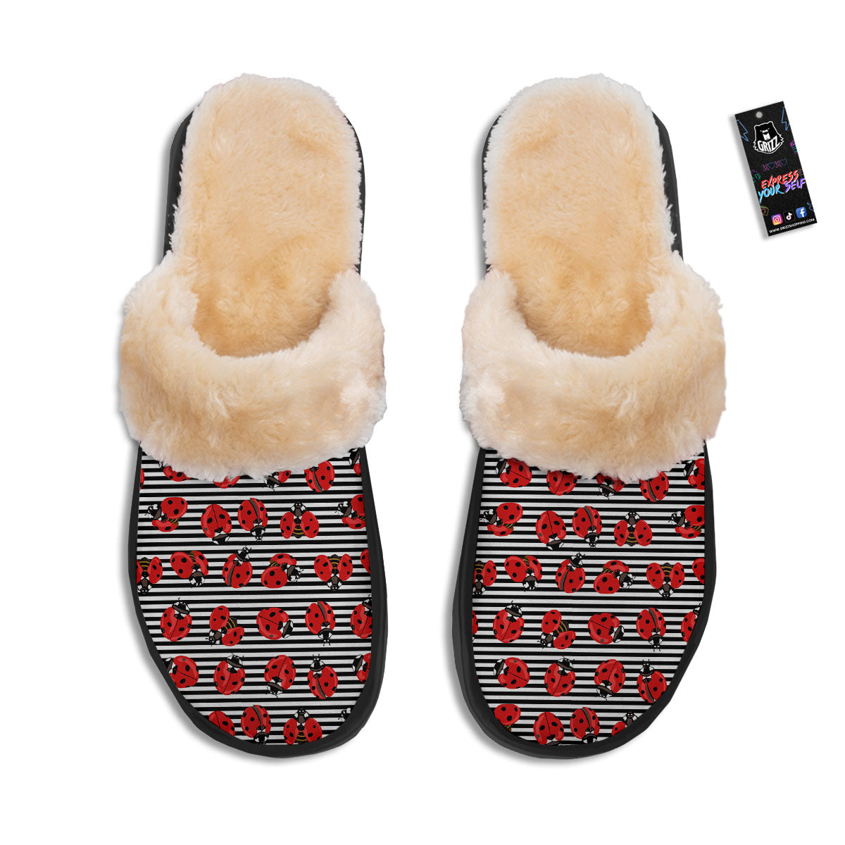 Striped Ladybug Print Pattern Slippers-grizzshop