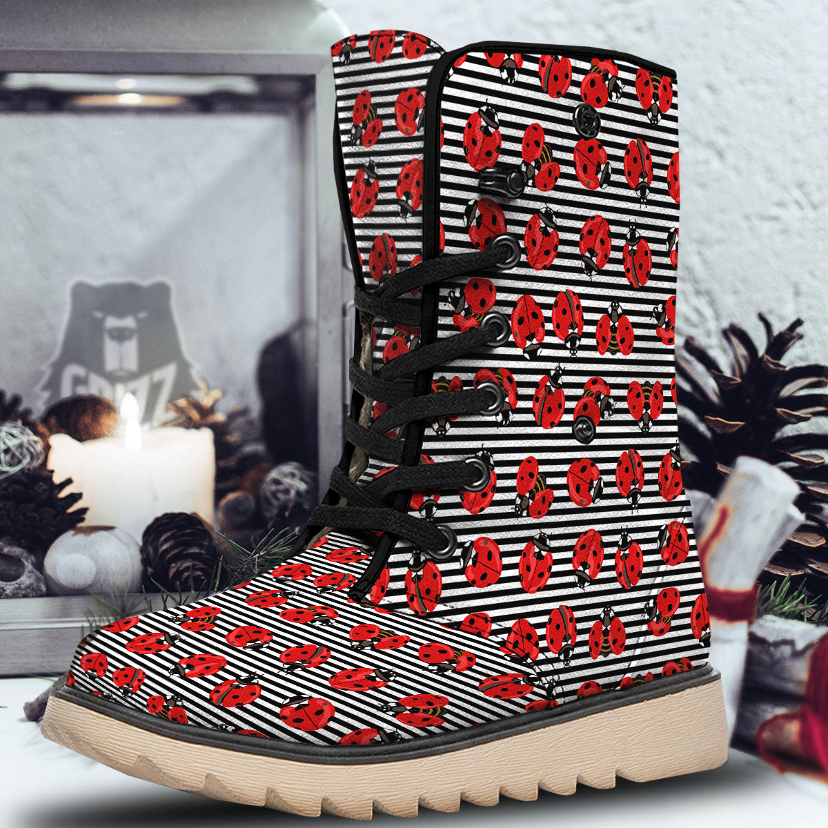 Striped Ladybug Print Pattern Snow Boots-grizzshop