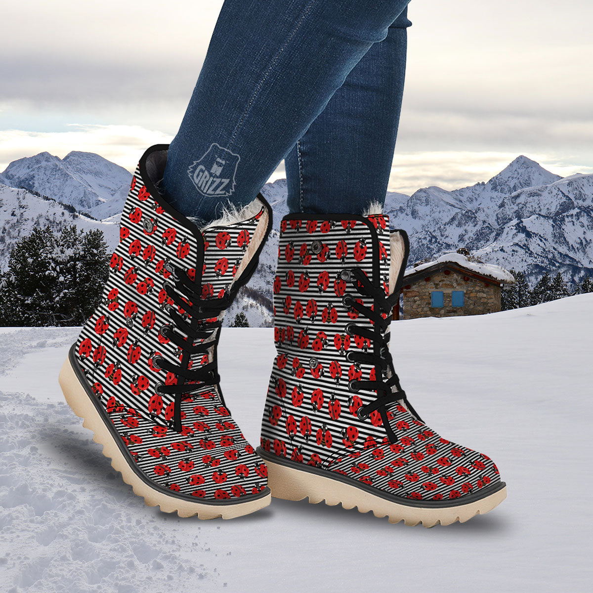 Striped Ladybug Print Pattern Snow Boots-grizzshop