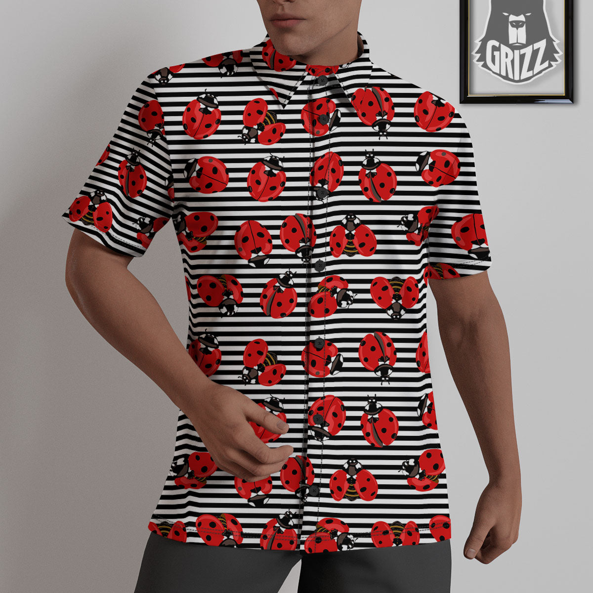 Striped Ladybug Print Pattern Untucked Shirts-grizzshop