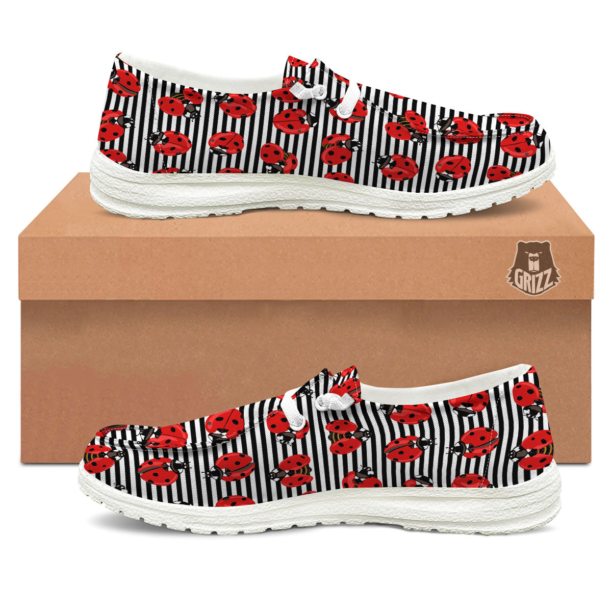 Striped Ladybug Print Pattern White Loafers-grizzshop