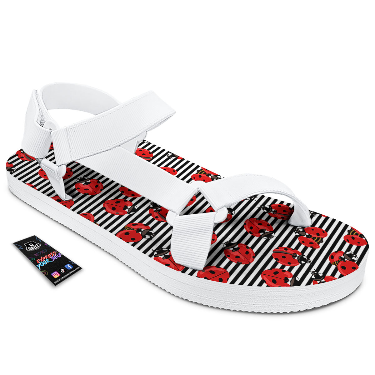 Striped Ladybug Print Pattern White Open Toe Sandals-grizzshop