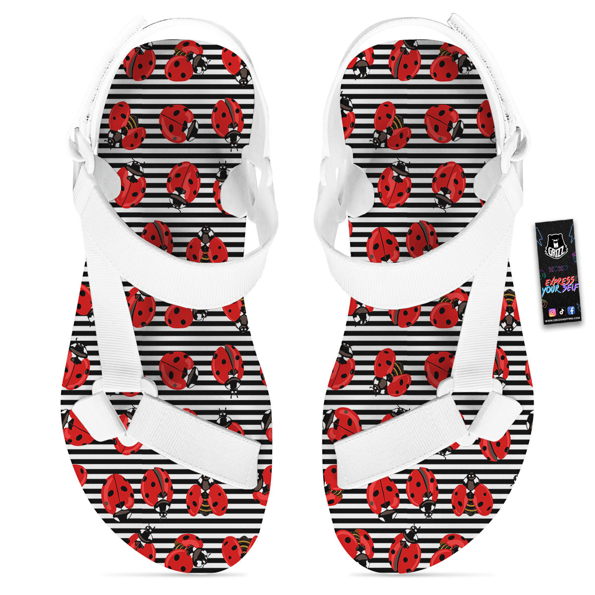 Striped Ladybug Print Pattern White Open Toe Sandals-grizzshop