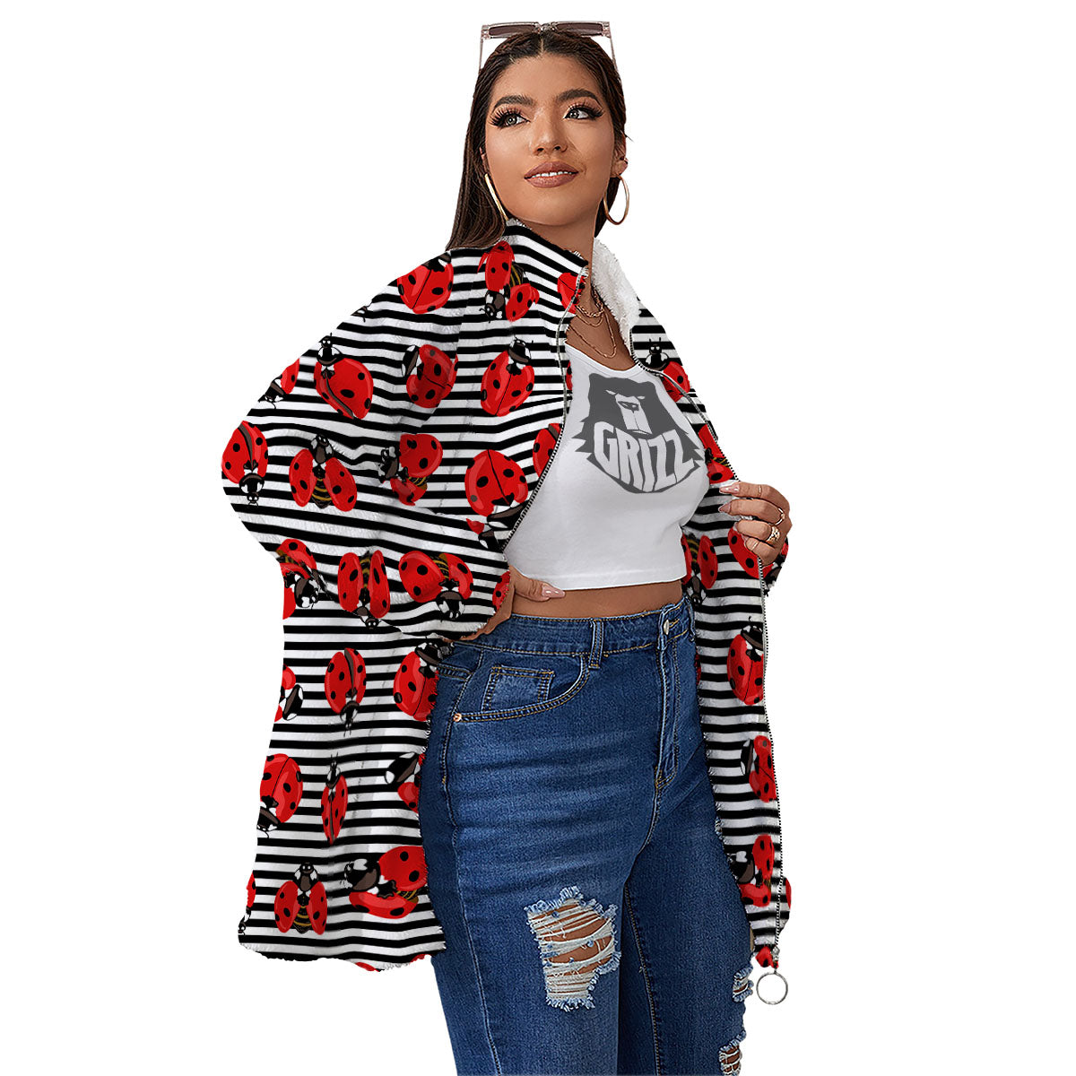 Striped Ladybug Print Pattern Women's Sherpa Jacket-grizzshop