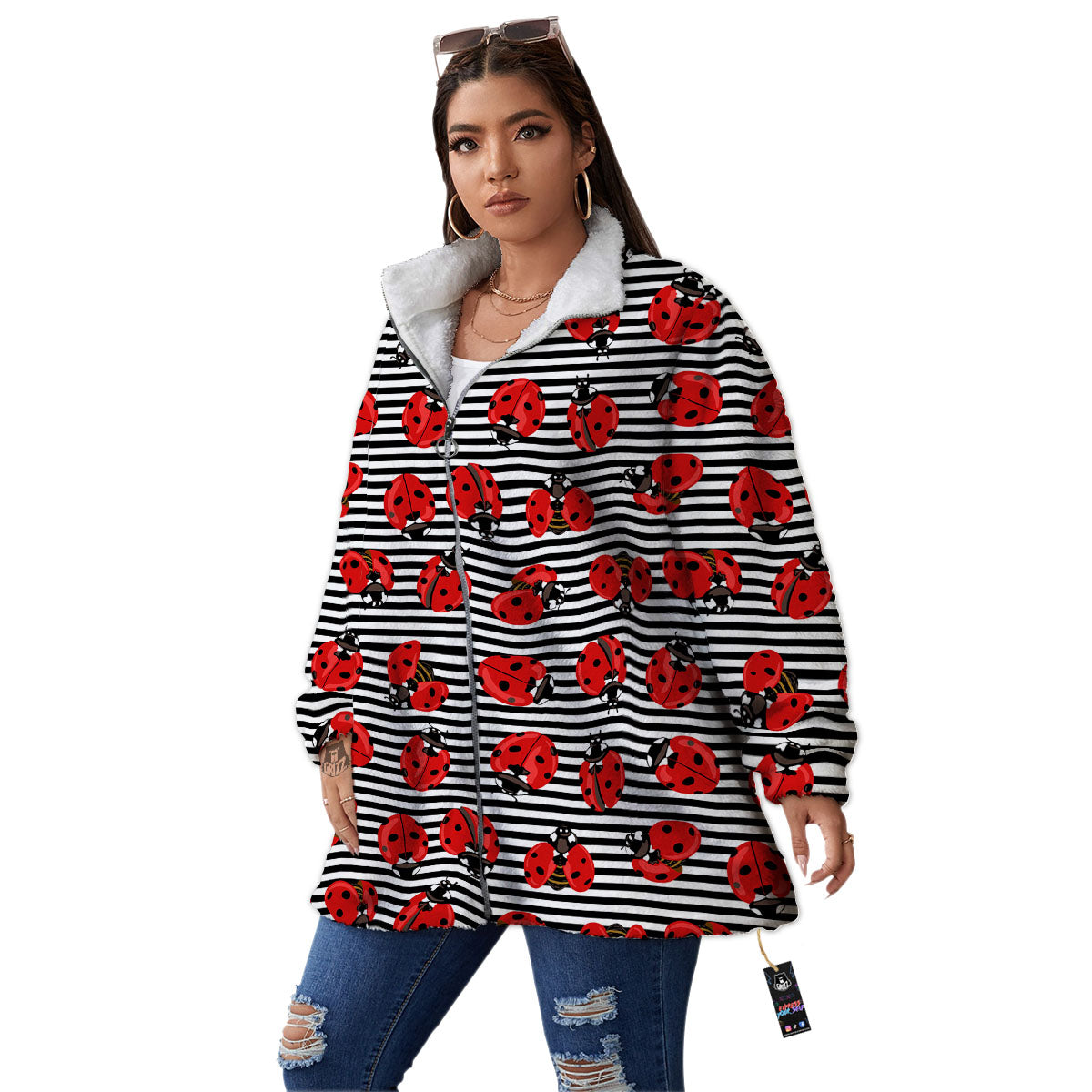 Striped Ladybug Print Pattern Women's Sherpa Jacket-grizzshop