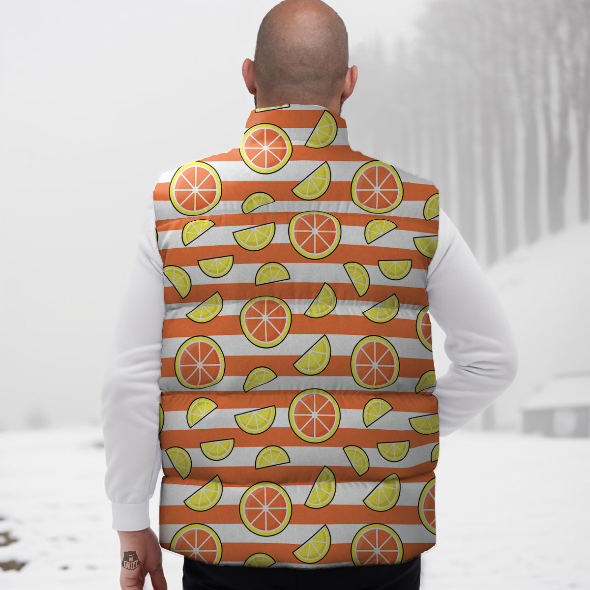 Striped Lemon And Orange Print Pattern Down Vest