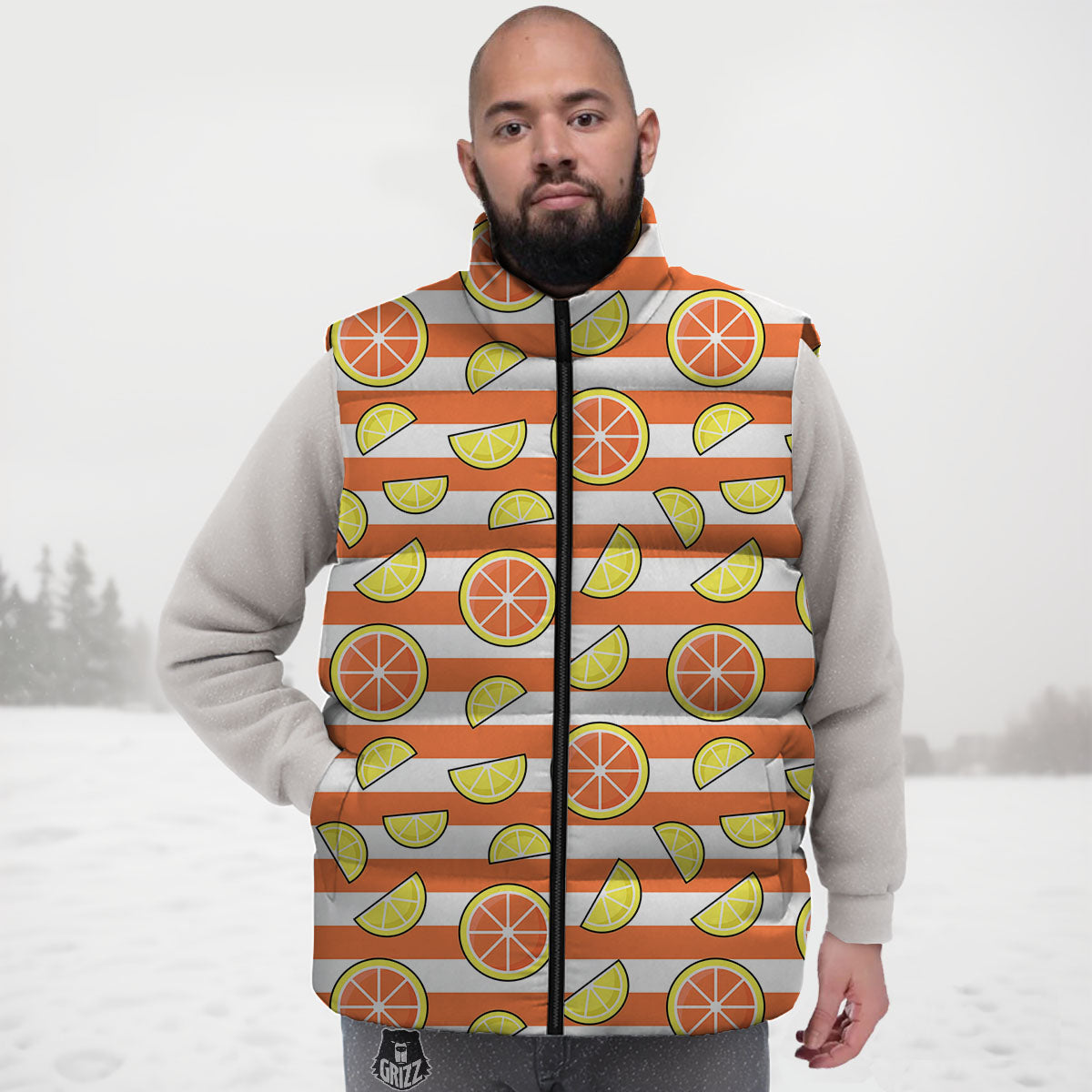 Striped Lemon And Orange Print Pattern Down Vest