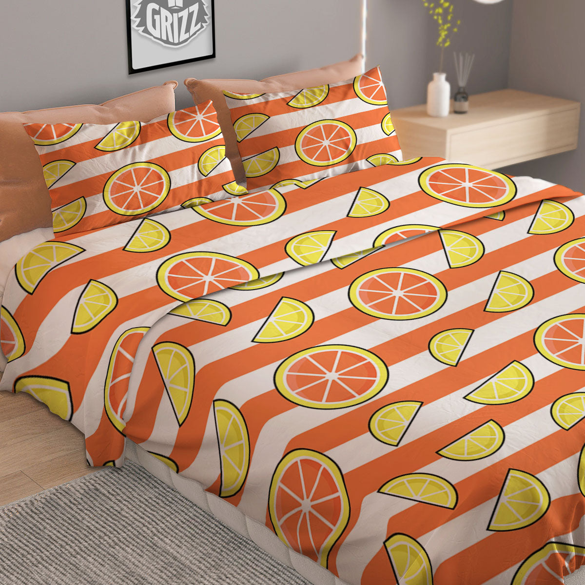 Striped Lemon And Orange Print Pattern Duvet Cover Bedding Set