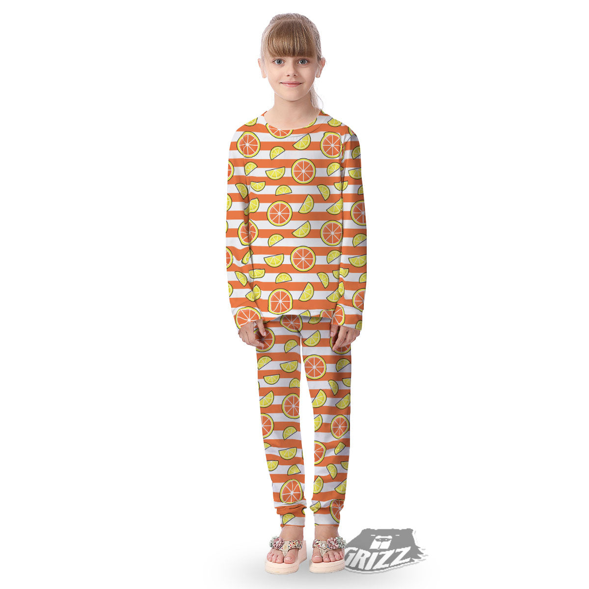 Striped Lemon And Orange Print Pattern Kid's Pajamas-grizzshop