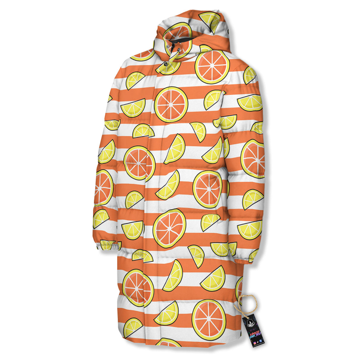 Striped Lemon And Orange Print Pattern Long Down Jacket-grizzshop