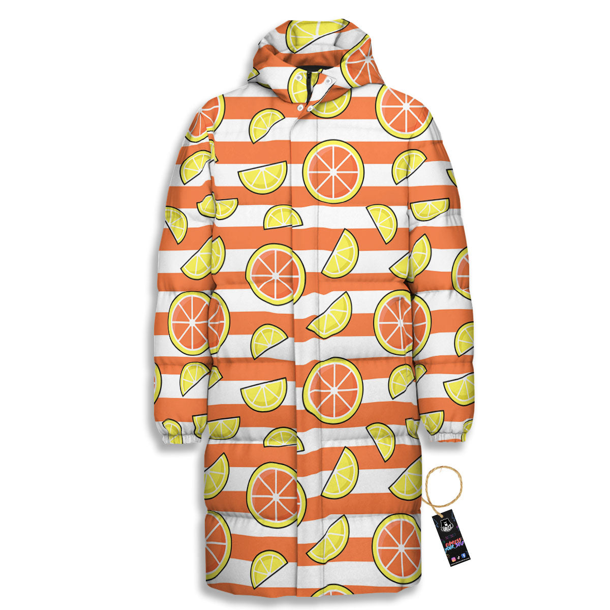 Striped Lemon And Orange Print Pattern Long Down Jacket-grizzshop