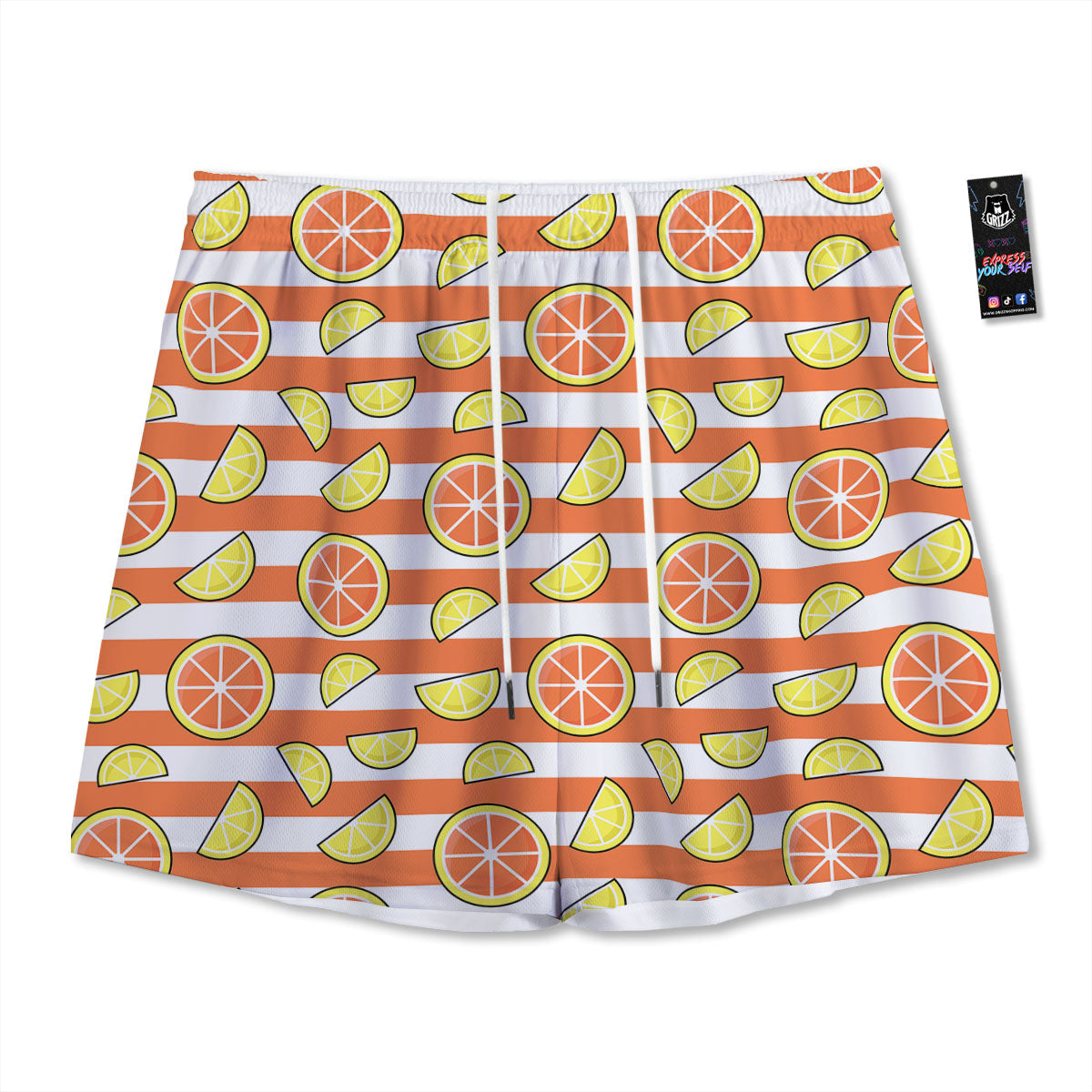 Striped Lemon And Orange Print Pattern Mesh Shorts