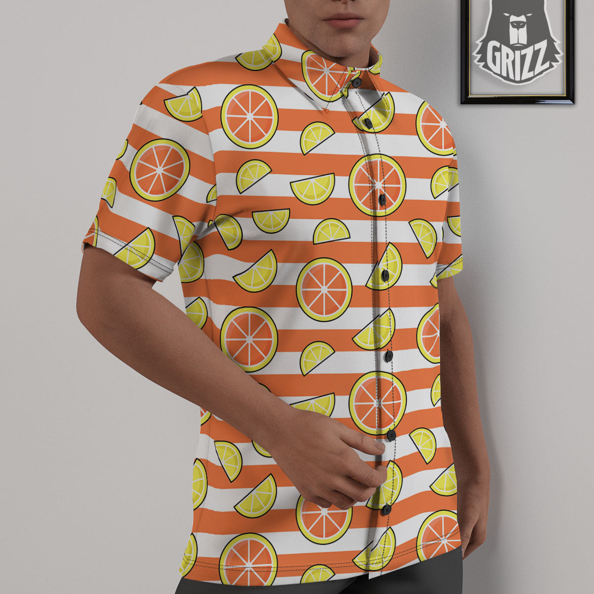 Striped Lemon And Orange Print Pattern Untucked Shirts-grizzshop