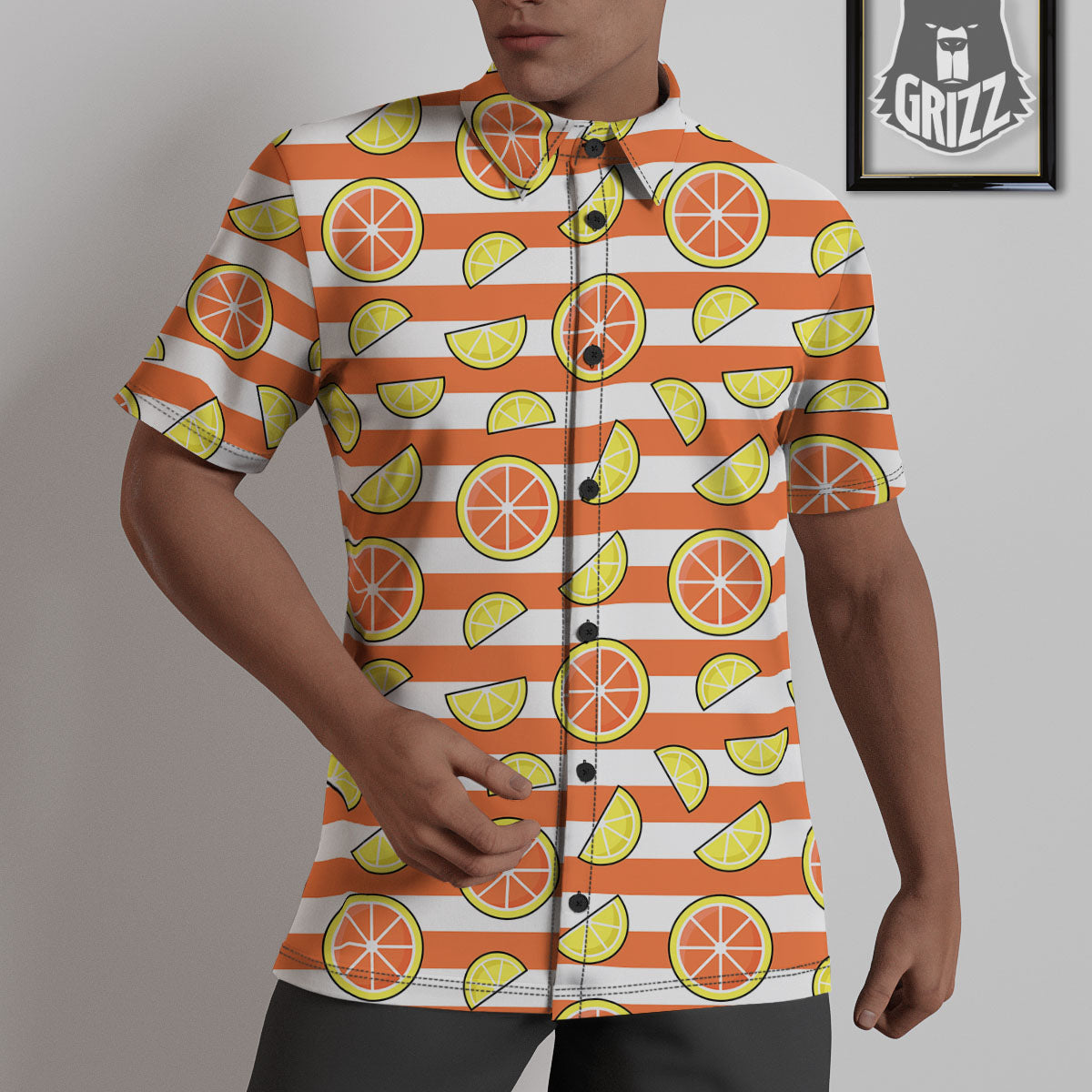 Striped Lemon And Orange Print Pattern Untucked Shirts-grizzshop