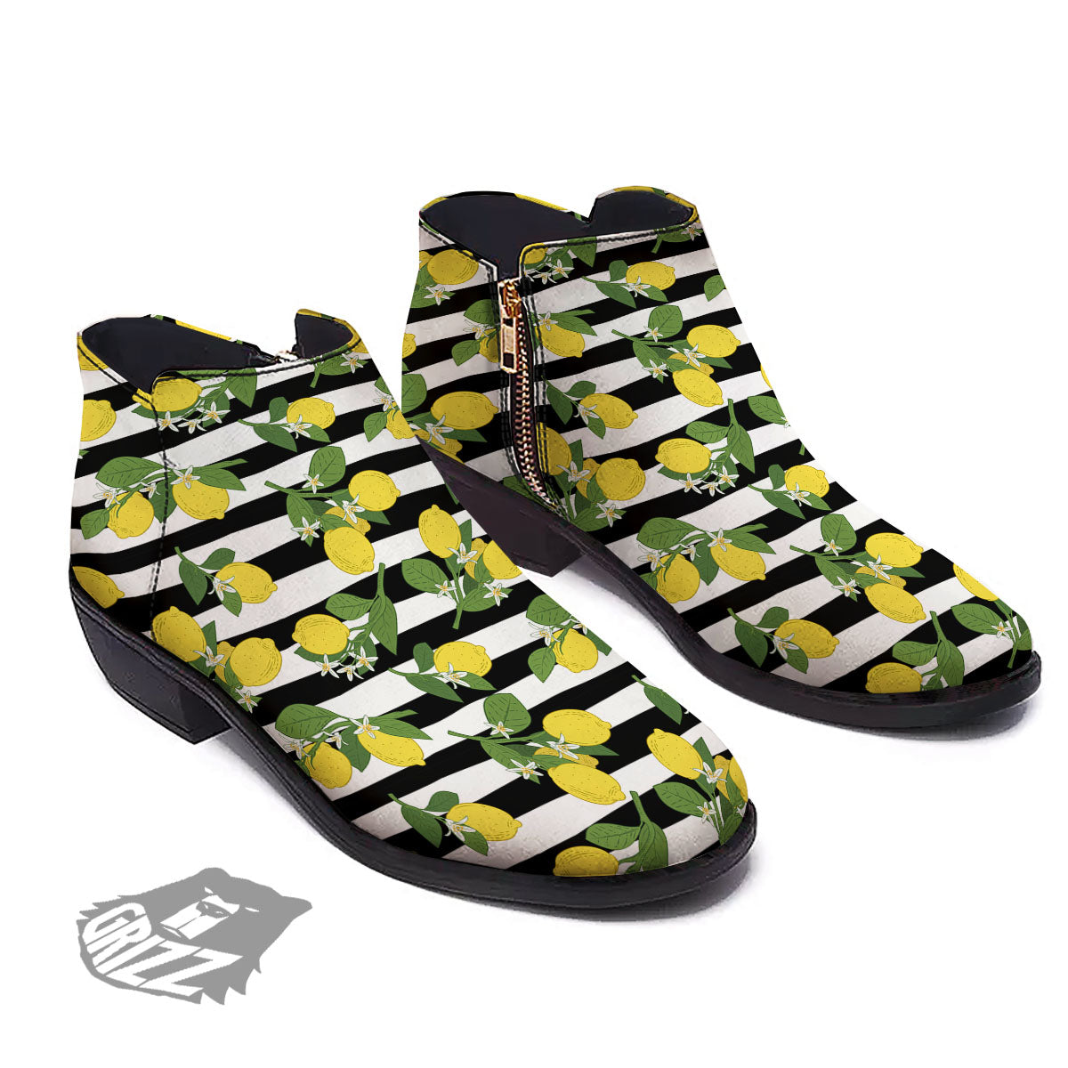 Striped Lemon Print Pattern Ankle Boots-grizzshop
