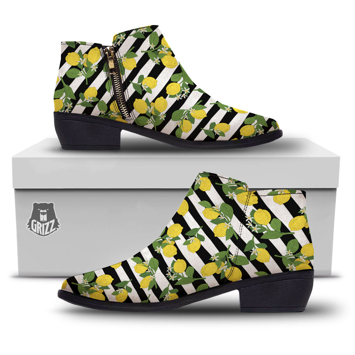 Striped Lemon Print Pattern Ankle Boots-grizzshop