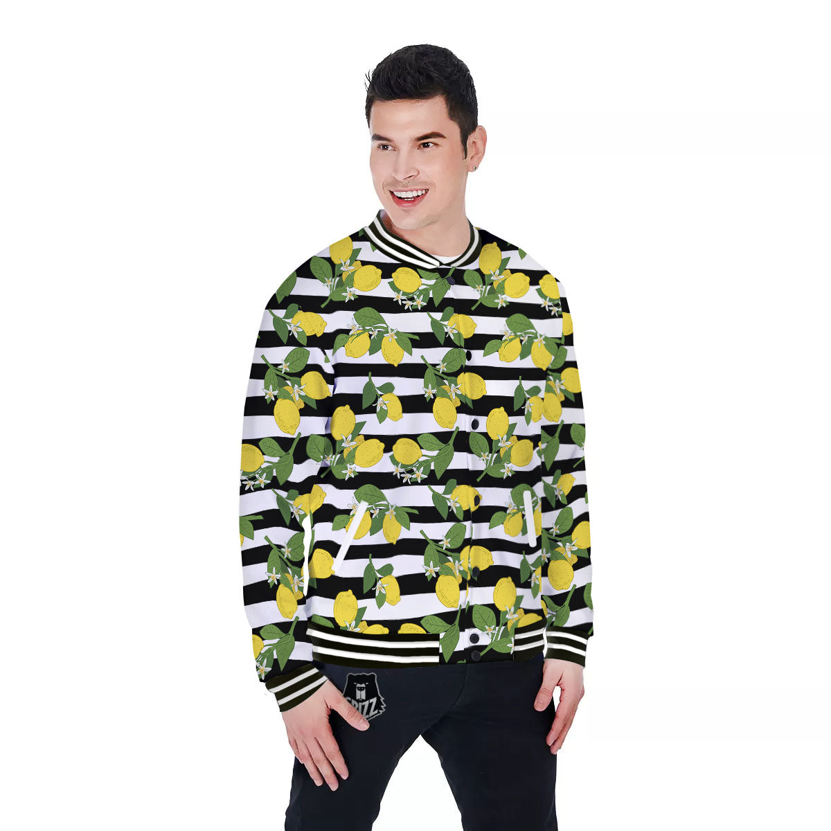 Striped Lemon Print Pattern Baseball Jacket-grizzshop