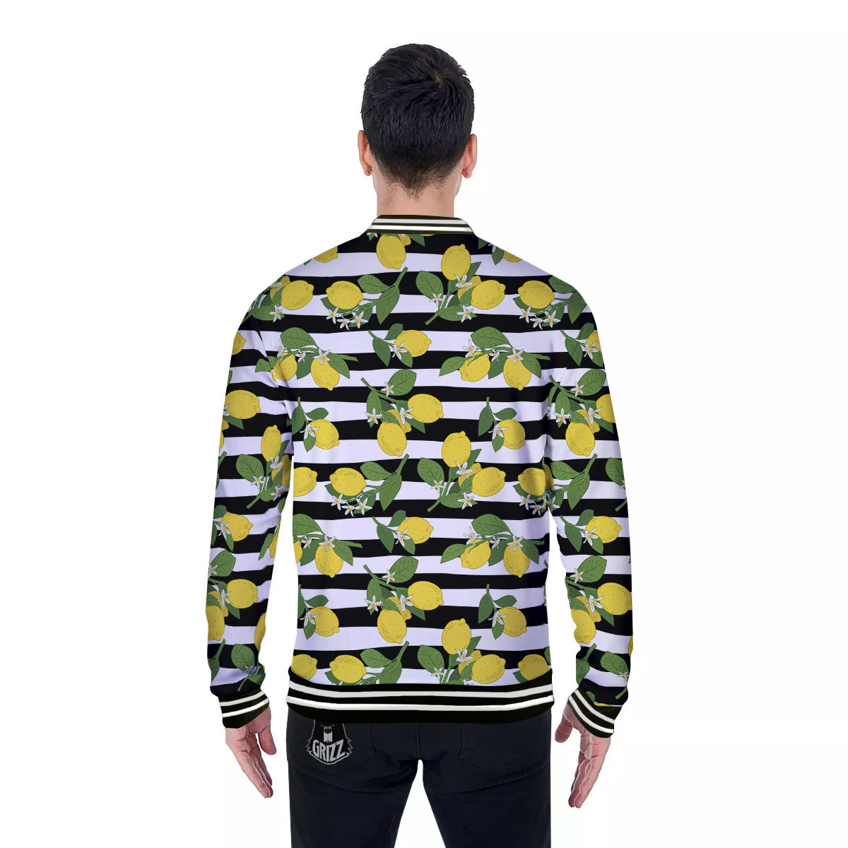 Striped Lemon Print Pattern Baseball Jacket-grizzshop