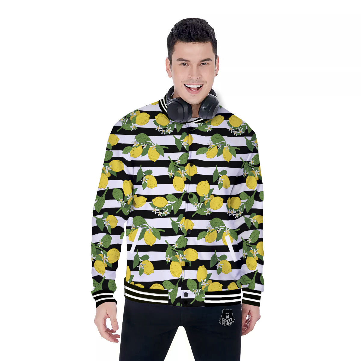 Striped Lemon Print Pattern Baseball Jacket-grizzshop