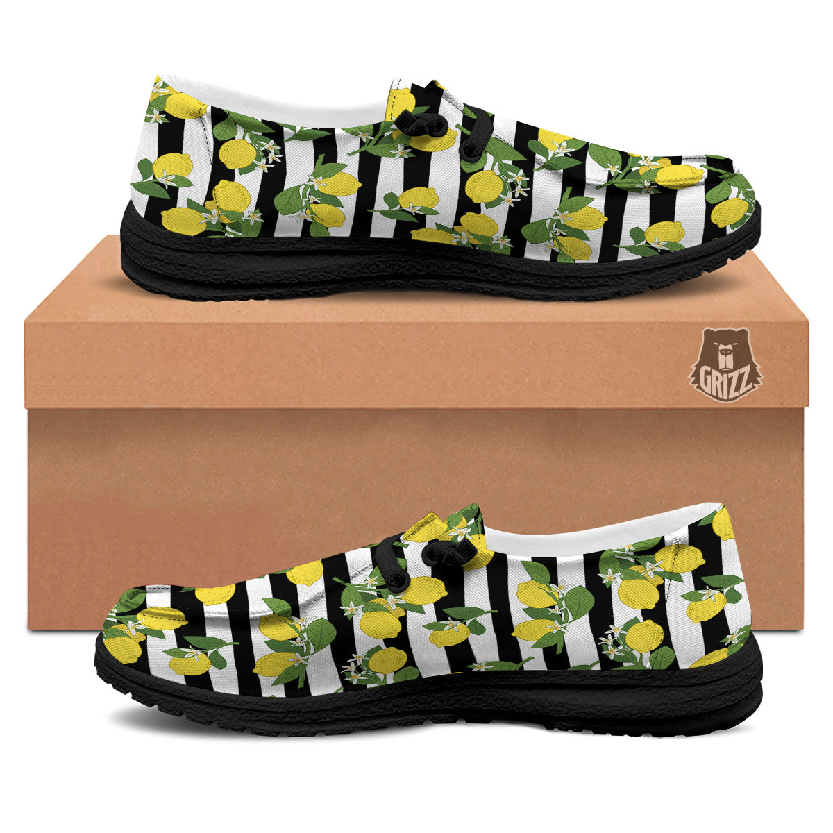 Striped Lemon Print Pattern Black Loafers-grizzshop