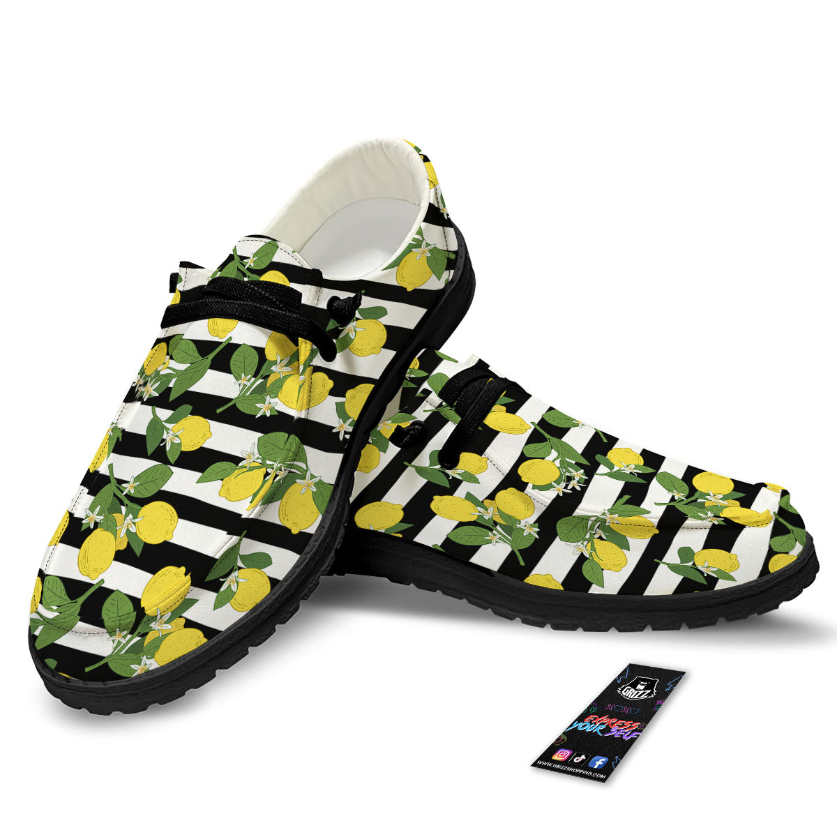 Striped Lemon Print Pattern Black Loafers-grizzshop