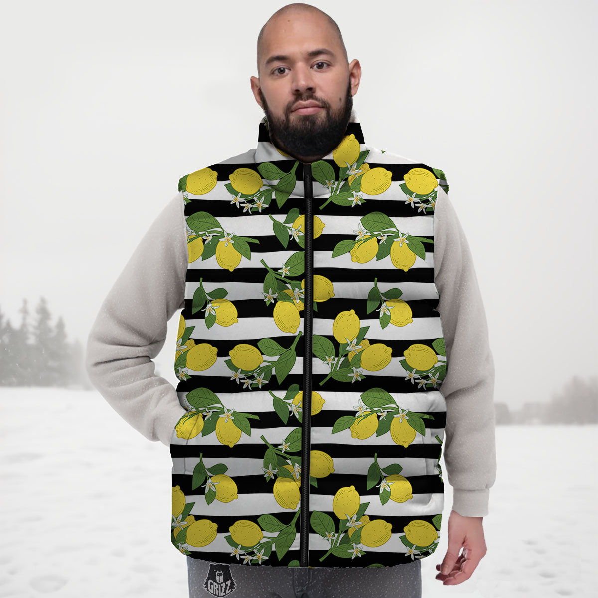 Striped Lemon Print Pattern Down Vest