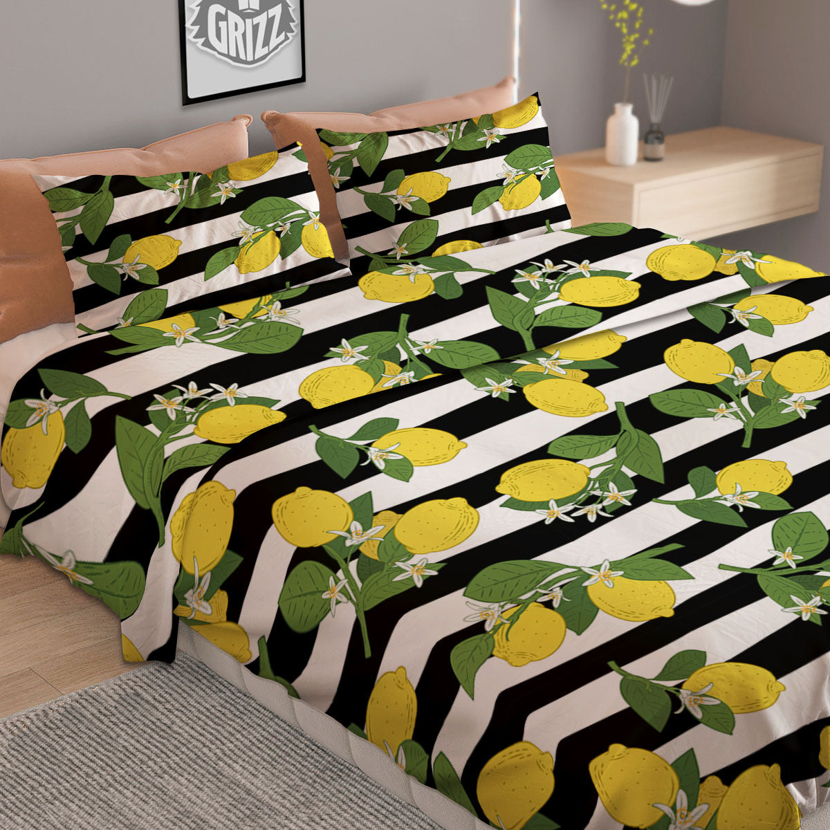 Striped Lemon Print Pattern Duvet Cover Bedding Set
