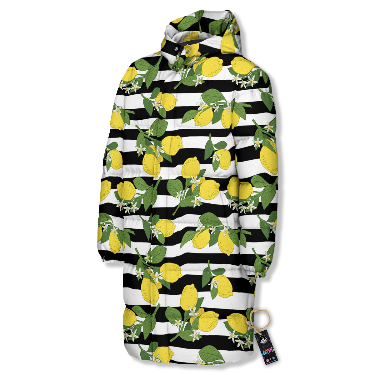 Striped Lemon Print Pattern Long Down Jacket-grizzshop