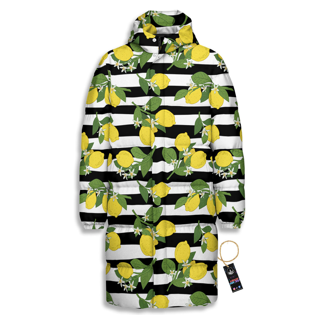 Striped Lemon Print Pattern Long Down Jacket-grizzshop