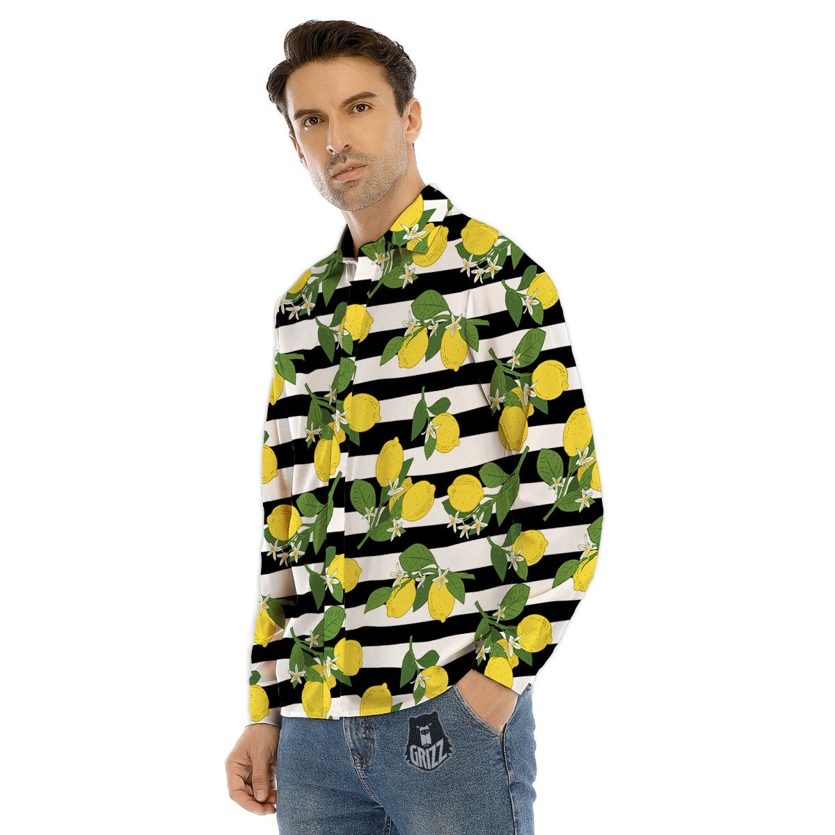 Striped Lemon Print Pattern Men's Dress Shirts-grizzshop