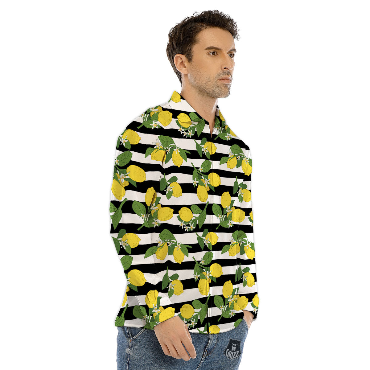 Striped Lemon Print Pattern Men's Dress Shirts-grizzshop