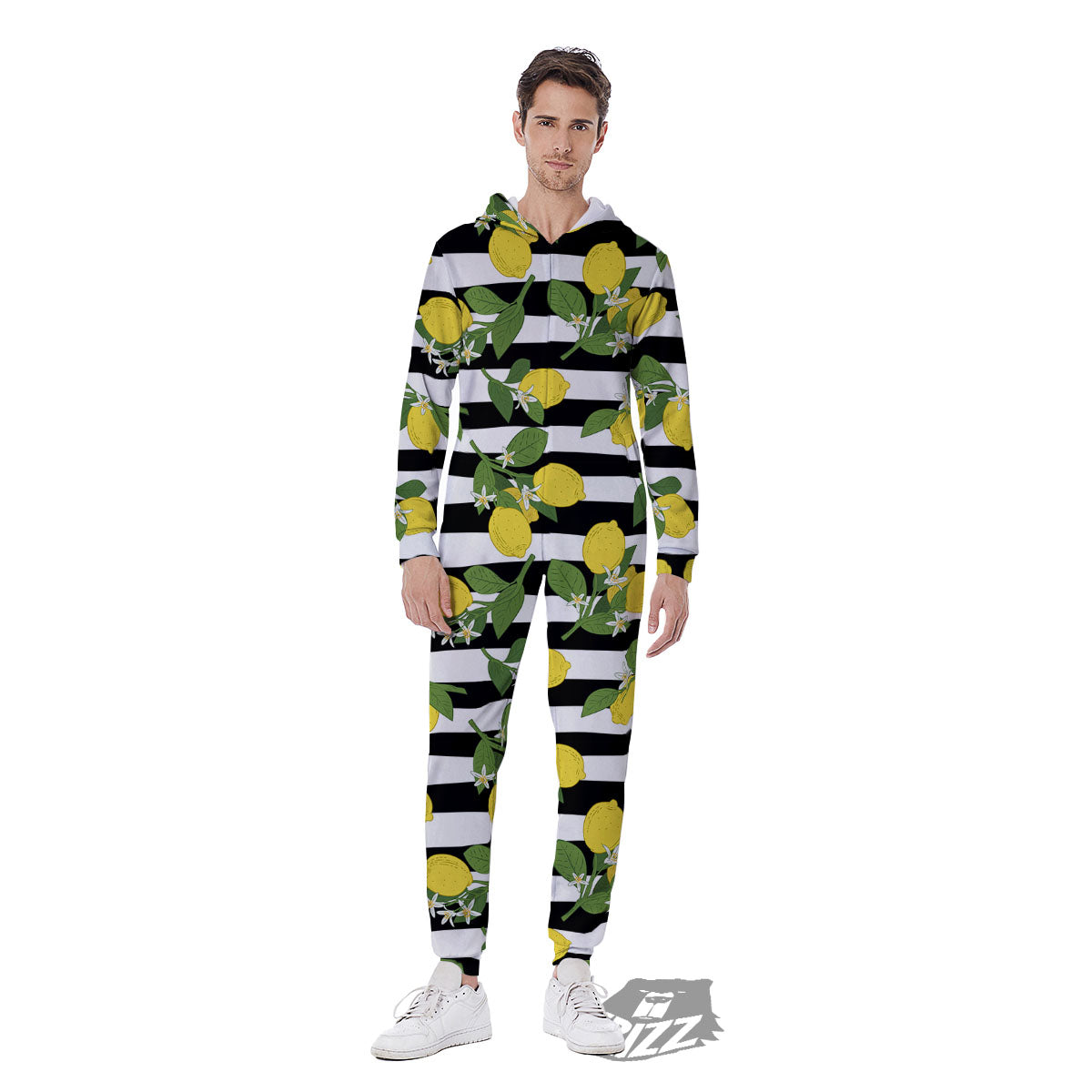 Striped Lemon Print Pattern Men's Jumpsuit-grizzshop