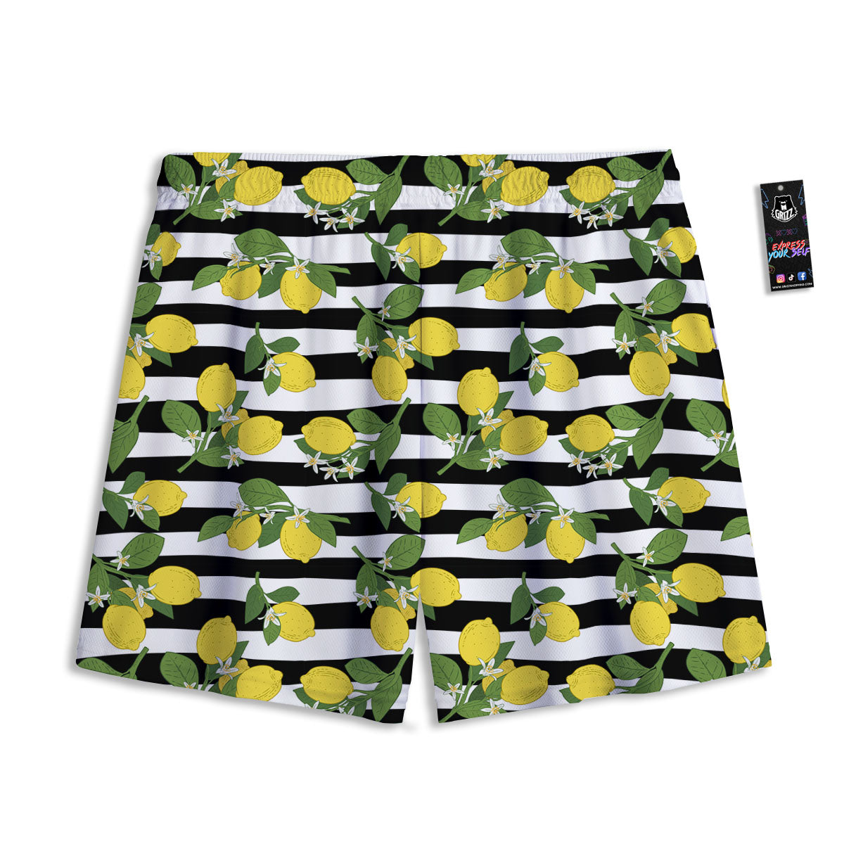 Striped Lemon Print Pattern Mesh Shorts